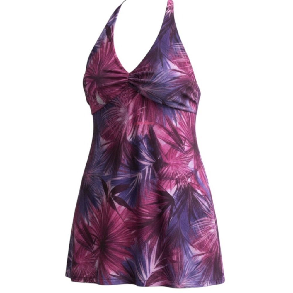 True Y2K Fredericks of Hollywood Womens Large Purple Tropical Palm Halter Dress